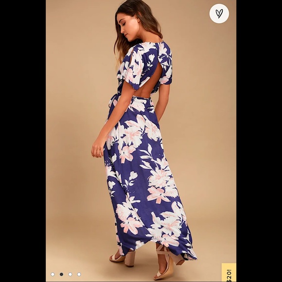 Lulu’s Azalea Regalia Navy Blue Floral Print Wrap Maxi Dress size L - Picture 2 of 7